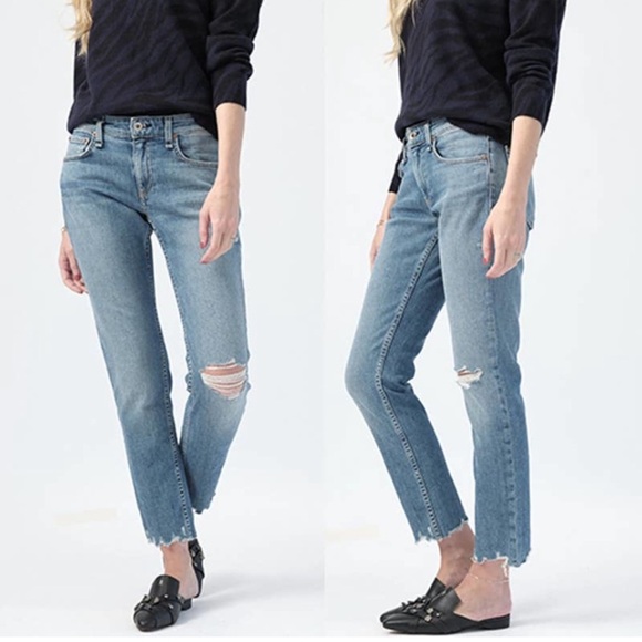 Rag & Bone Dre Low Rise Slim Boyfriend Dobbie Holes Jeans Blue Size: 25 NWT - Picture 1 of 4